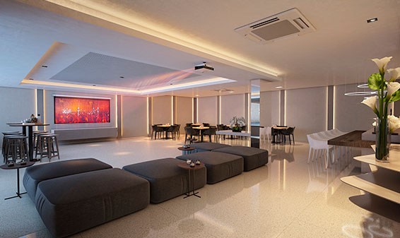 salão de festas com home cinema